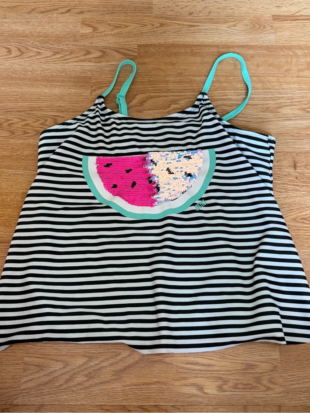 Justice Black & White Striped Tank Top with Pink Watermelon and Aqua Trim